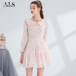 艾丽丝2024年春季气质短款收腰连衣裙蕾丝长袖粉色甜美公主裙