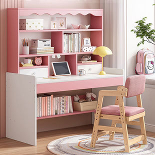 书桌书架一体桌子学生，写字桌简约家用学习桌，女孩卧室电脑桌椅组合