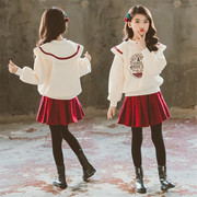 女童卫衣套装洋气冬装2024韩版学院风百褶裙中大童加绒两件套亲子
