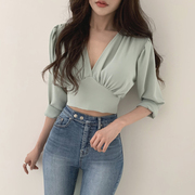 韩国chic设计感V领修身小心机后背绑带蝴蝶结短款长袖雪纺衬衫女