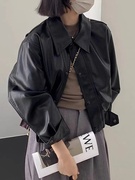 美式复古黑色PU皮衣外套女秋季2023设计感小个子短款机车夹克