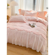 ins法式粉色全棉四件套公主，风100纯棉，蕾丝花边床单被套床裙款床品