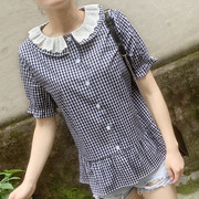 黑白格子衬衫女短袖喇叭袖圆领花边娃娃领上衣夏季纯棉泡泡袖衬衣