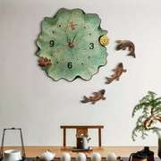 中式挂钟家用 客厅静音立体简约壁钟 复古个性浮雕钟表荷花钟挂件