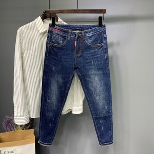 九分牛仔裤男夏季网红小脚裤子潮流，韩版刺绣深蓝色修身9分裤