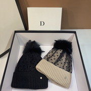 韩版冬季波点网纱毛球帽时髦针织帽女护耳保暖毛线帽网红包头帽子