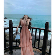 粉色性感露背挂脖吊带连衣裙女2023春夏季海边度假沙滩裙长裙