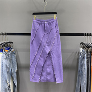 紫色牛仔半身裙女2024春夏设计感开叉毛边气质高腰包臀一步裙长裙