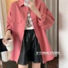 玫粉色牛仔衬衫女2024春秋韩系设计感小众休闲长袖衬衣上衣潮