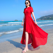 红色雪纺连衣裙女2024夏中长款不对称前短后长海边度假沙滩裙
