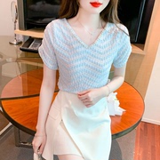 已出货2023夏季韩版V领珍珠蕾丝衫雪纺衫设计感短袖洋气小衫