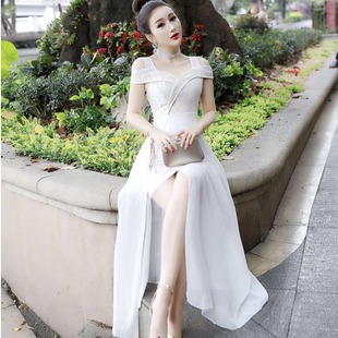 夏季雪纺拼蕾丝连衣裙韩版中长款超仙气质性感，一字肩露肩显瘦裙子