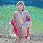 玫粉色毛领保暖披肩云南新疆民族，风旅游斗篷，围巾旅行毛毛外搭披风