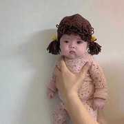 秋冬款女宝宝帽子可爱超萌假发，婴儿帽女童手工针织毛线帽