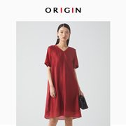 安瑞井小众设计连衣裙，女夏季砖红色，v领短袖连衣裙
