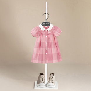 伯米吉夏装新女童(新女童)纯棉，娃娃领衬衫连衣裙宝宝婴幼儿粉色格子公主裙