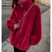 红色孕妇外套女立领保暖卫衣，开衫拉链长毛绒女小个子潮妈遮肚