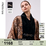 马天奴冬季卡其色豹纹金貂绒大衣设计感中长款保暖外套气质