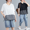 夏季韩版大码格子拼接短袖T恤女连帽上衣显瘦减龄遮肚打底衫