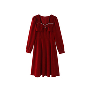 春装小个子红色蝴蝶结长袖连衣裙女气质时尚收腰钉珠L5336025