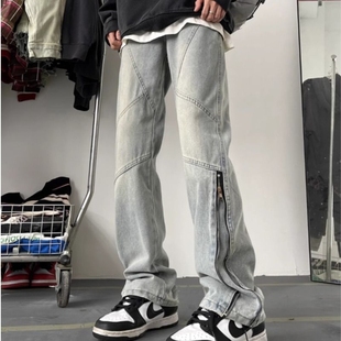 水洗微喇牛仔裤男2024春秋设计感拉链显瘦长裤美式高街vibe直筒裤