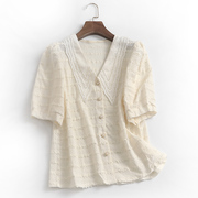 L218纯色镂空减龄娃娃领单排扣夏季2023泡泡短袖女衬衣蕾丝衫
