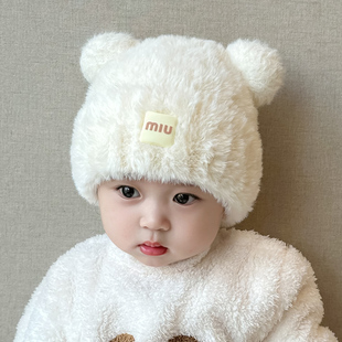 宝宝帽子冬季可爱小月龄，男女孩毛绒帽(毛绒帽)秋冬款婴儿毛线帽加厚针织帽