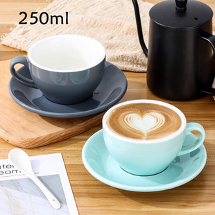 简约创意拉花咖啡杯，花式大口卡布奇诺拿铁意式咖啡杯碟套装250ml