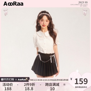 AooRaa原创设计 芭蕾风少女娃娃领泡泡袖双色花边衬衫珍珠短袖