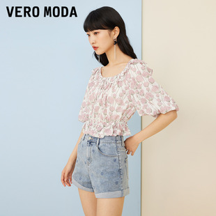 Vero Moda奥莱夏季甜美度假风时尚印花方领泡泡袖T恤上衣女