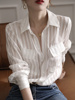 欧货醋酸白色衬衫女设计感小众丝绸缎面真丝条纹衬衣2023年春