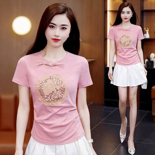 中国风盘扣纯棉短袖t恤女士2024刺绣夏装修身小个子短款甜美上衣