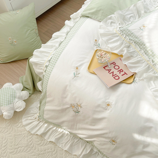 小清新纯棉水洗棉，四件套全棉公主风花边，被套床单床上用品1.8m床