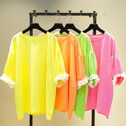 2023年夏季韩版宽松短袖T恤女中长款纯色时尚拼接花瓣袖上衣