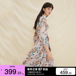 绫致Vero Moda连衣裙女2024春夏娃娃领收腰七分袖印花粉色