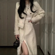 气质名媛小香风套装女2023春季短外套设计感开叉半身裙两件套