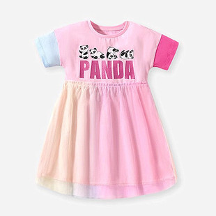 可爱熊猫女童连衣裙2023夏季儿童洋气粉色纯棉针织裙公主裙子