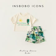 insbobo男童套装卡通印花儿童短袖，两件套帅气休闲男宝运动套装潮