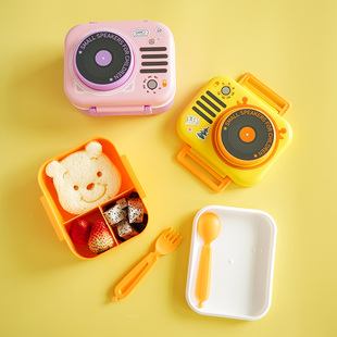 可爱收音机造型儿童饭盒带，酱盒和叉勺卡通音箱，小学生餐盒水果盒