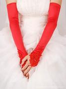 新娘手套婚纱手套加长款 过肘大红色蕾丝露指结婚手套