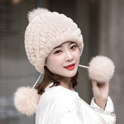 獭兔毛帽子女士秋冬季圆顶加厚保暖菠萝帽毛线帽可爱甜美包头帽