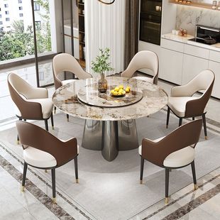 超晶石大理石圆形岩板餐桌椅，组合轻奢高端亮光，奢石家用微晶石转盘