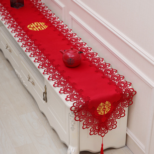 电视柜桌布桌旗红色结婚婚礼，装饰喜庆餐桌布中式喜字，订婚长条桌布