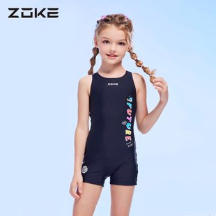 zoke泳衣儿童泳衣女童连体，女孩专业训练洲克平角大童宝宝泳装
