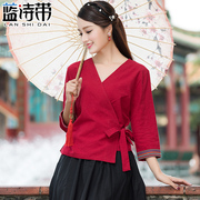 红色中国风改良日常汉服，交领上衣春夏，民族风女装棉麻复古绣花套装