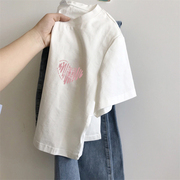 纯棉短袖女学生2023韩版宽松白色简约设计感小众短款上衣ins