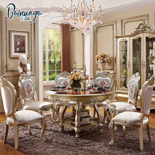 直供欧式餐桌椅小户型，实木餐台奢华香槟色，圆形餐桌椅组合六人
