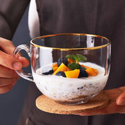 透明日式金边玻璃早餐杯家用燕麦杯大容量牛奶杯带把带盖勺喝水杯