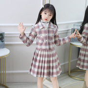 短袖中长款娃娃裙童装，两件套装连衣裙公主裙，冬季女韩版格子