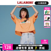 设计师潮牌LALABOBO2023夏复古印花T恤女L21B-WSDT20